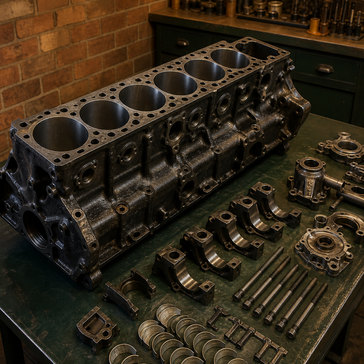 Stripped classic inline-six engine block