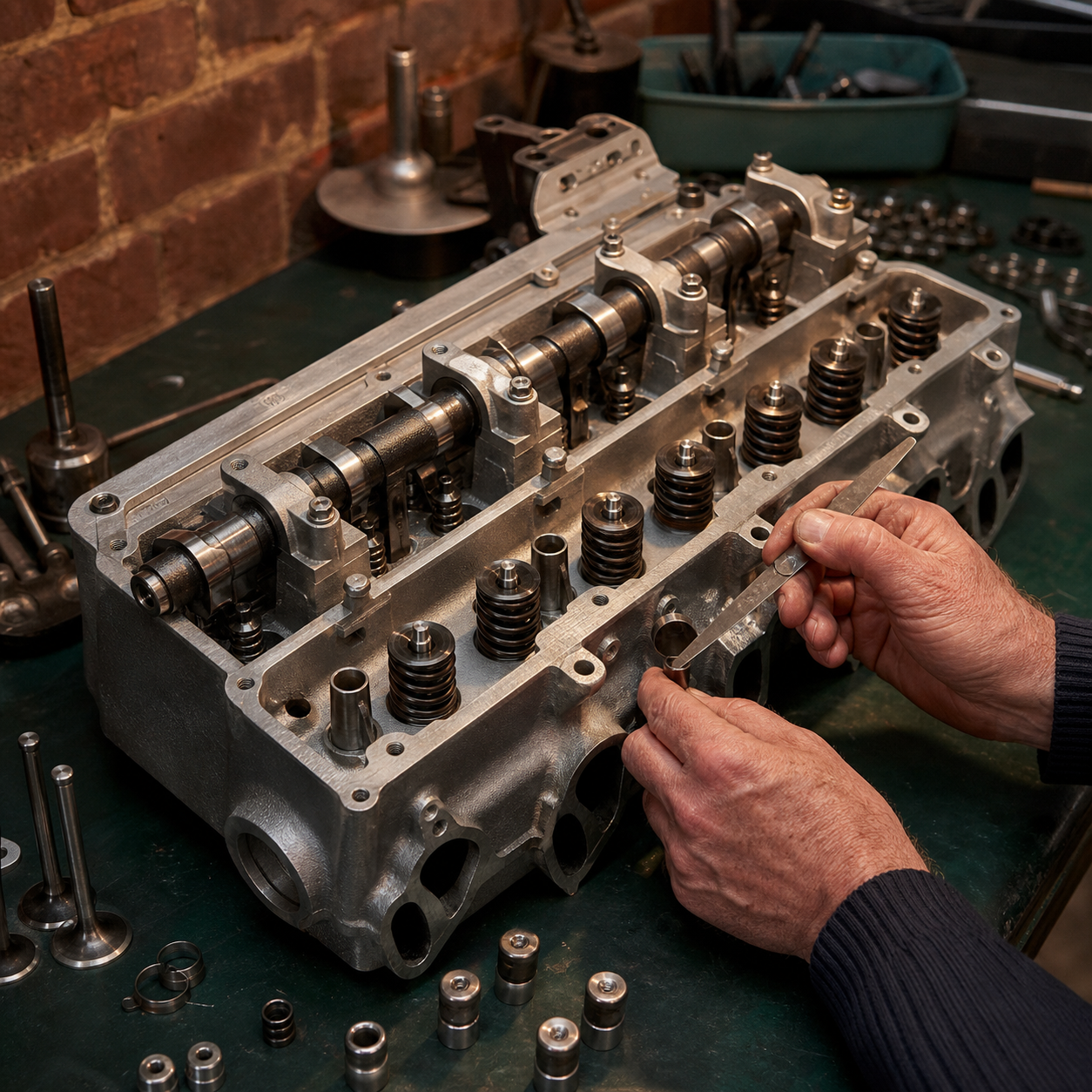 twin-cam cylinder head undergoing valvetrain assembly
