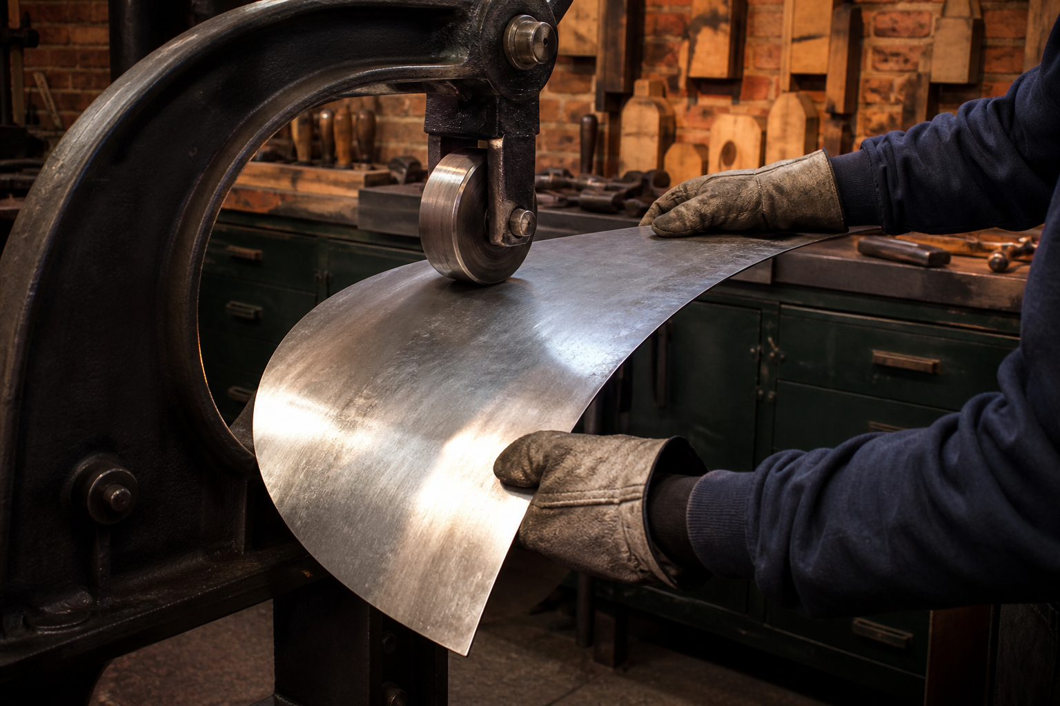 Coachbuilder forming a classic-car repair panel on an English wheel