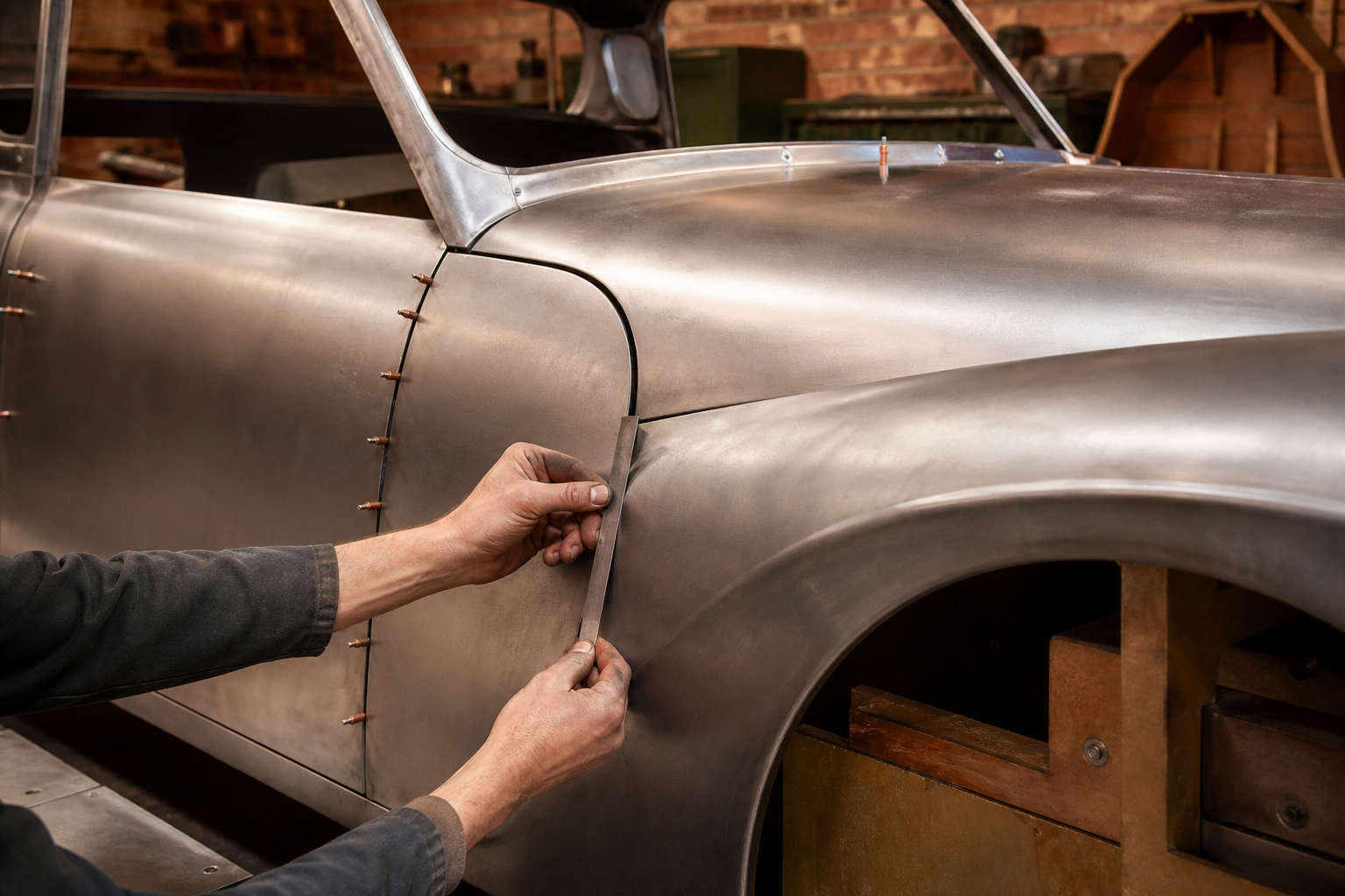 Trial fitting and checking the panel gaps on a bare-metal classic car