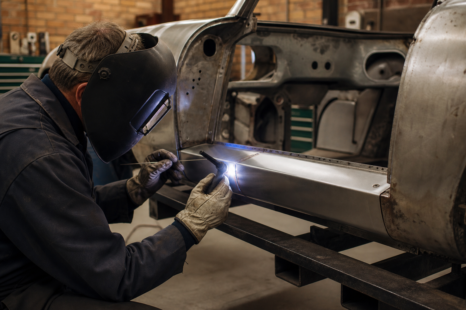 Coachbuilder welding a steel sill repair into a classic car
