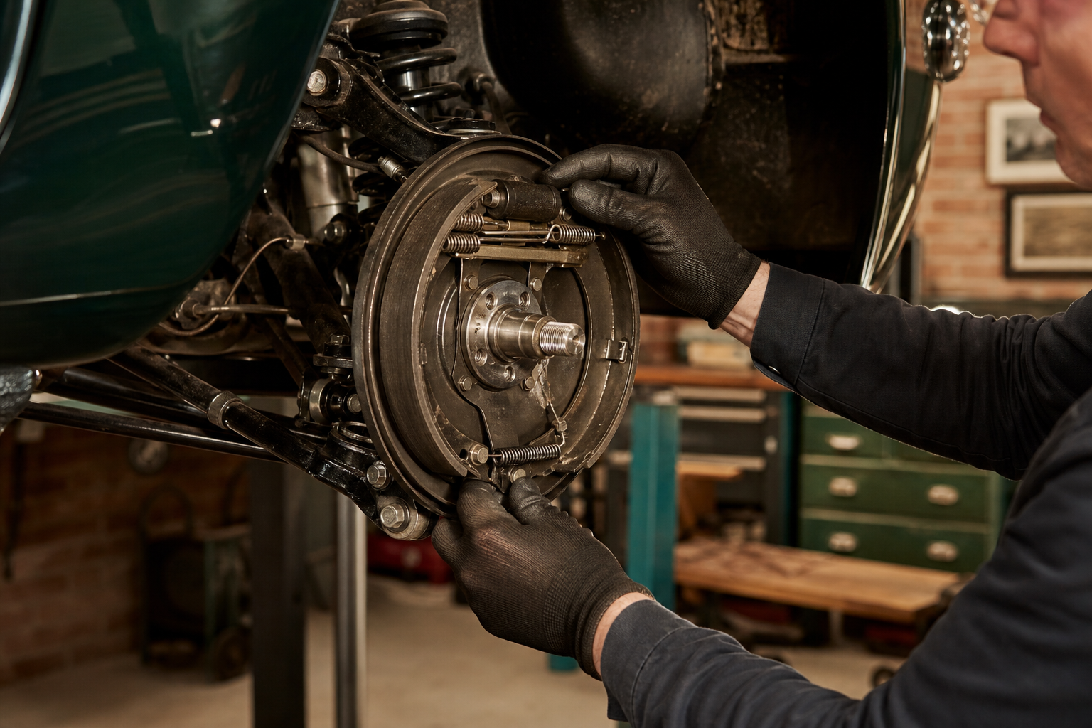 Drum brake servicing on a classic car
